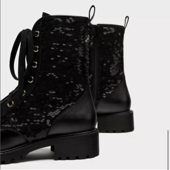 Zara Black Leather Sequined Lace Up Boots Size 6 US - Picture 5 of 15